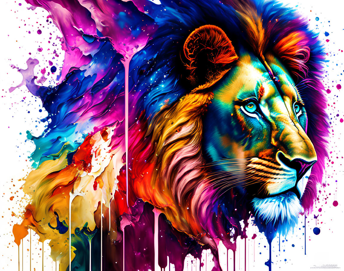 Colorful Lion Artwork with Abstract Paint Drips