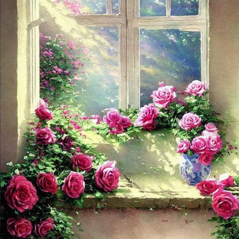 Pink roses and green foliage in serene window setting