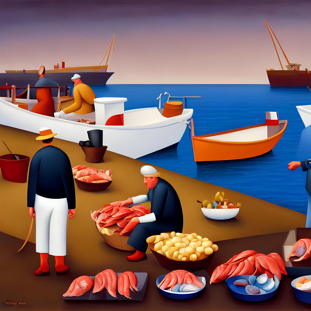 Stylized painting of sailors and fishmongers by the sea