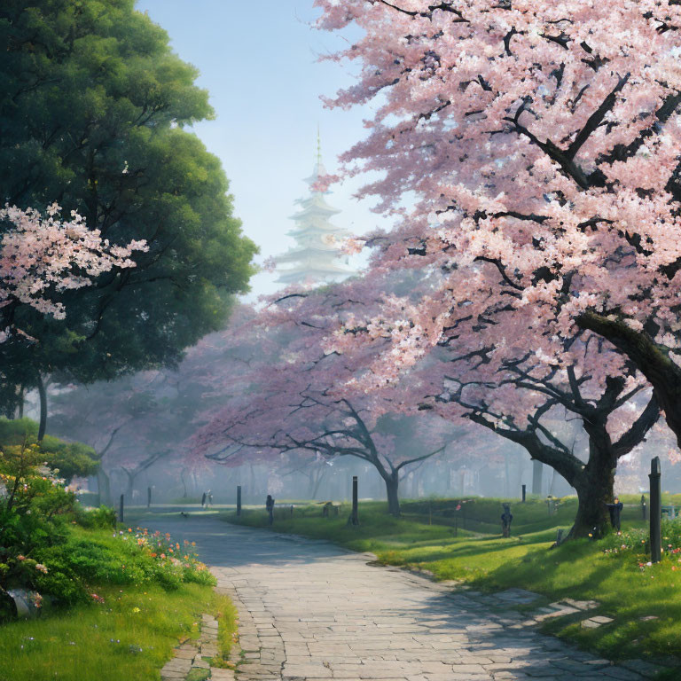 Cherry Blossom-Lined Path to Pagoda on Sunny Day