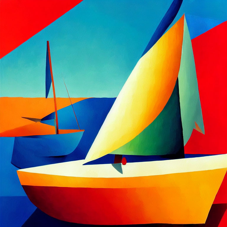 Colorful Abstract Sailing Boat Painting on Calm Sea