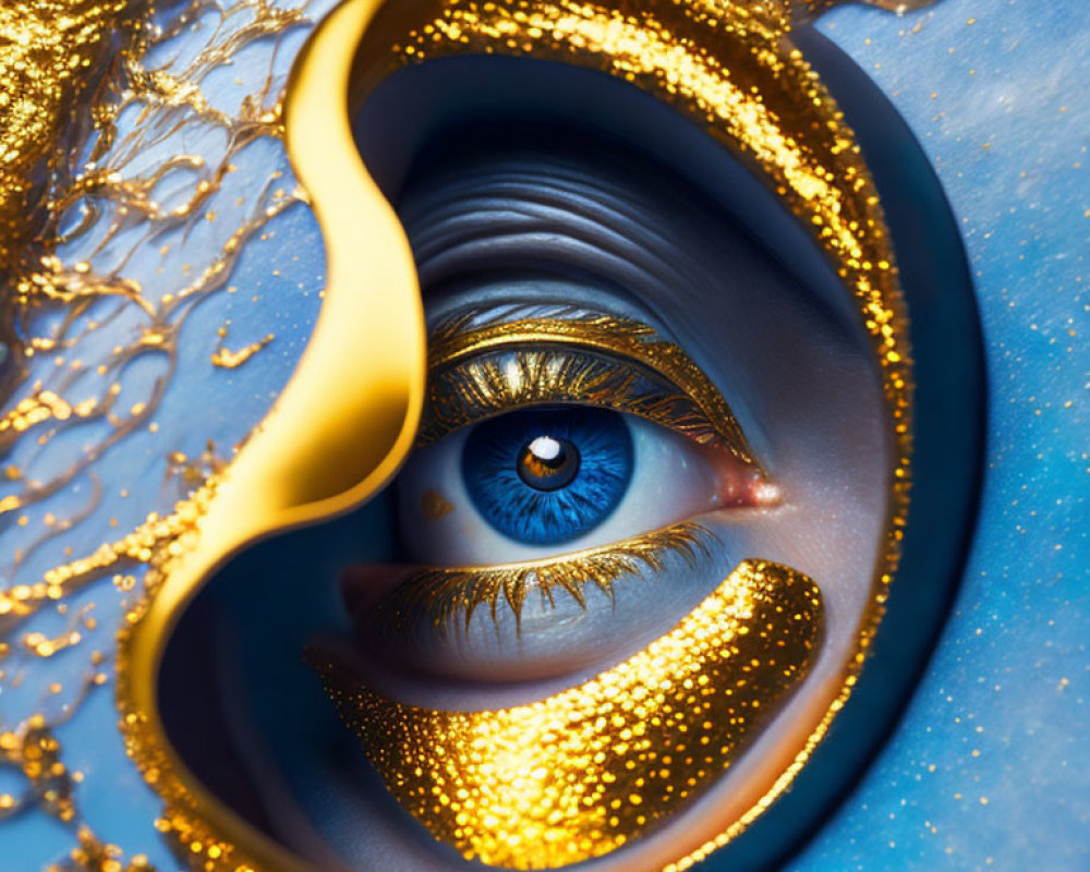 Blue iris eye close-up with golden glitter on blue background