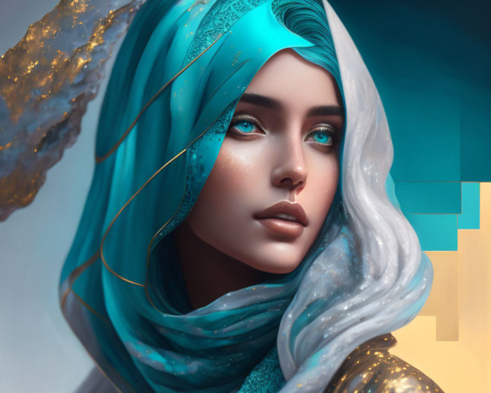Digital art portrait of woman with striking blue eyes and turquoise headscarf