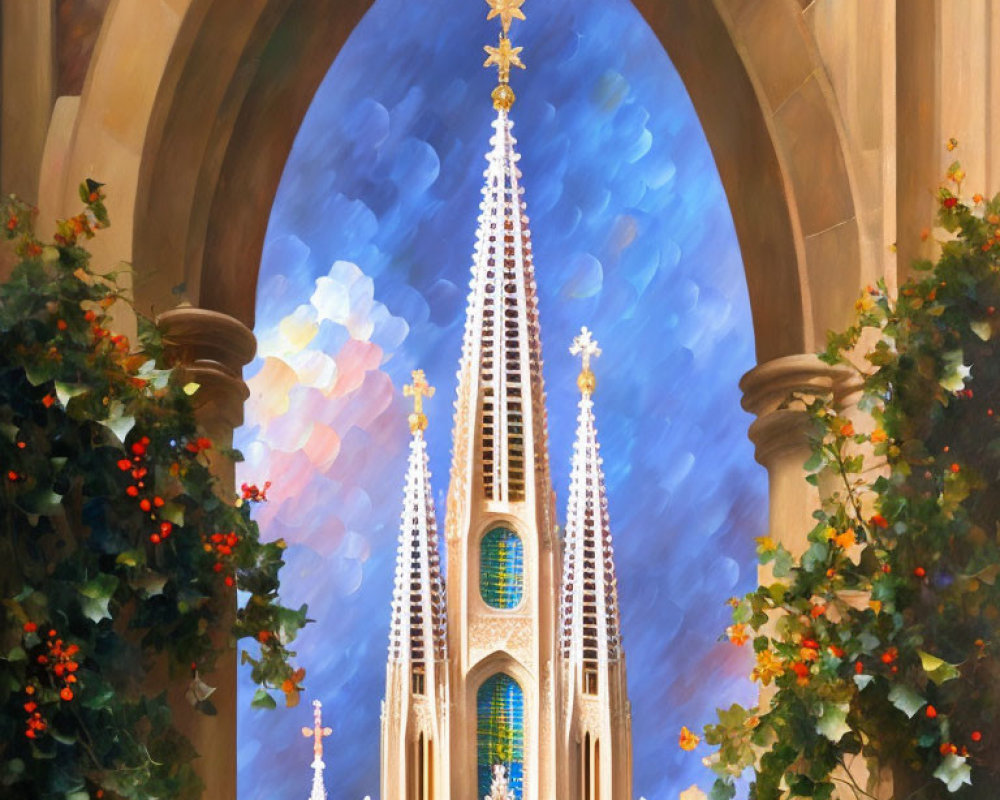 Gothic cathedral spire with archway, green foliage, red flowers, blue sky