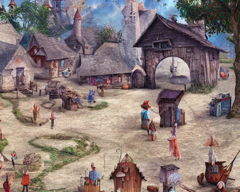 Medieval village scene with timbered houses and castle spires