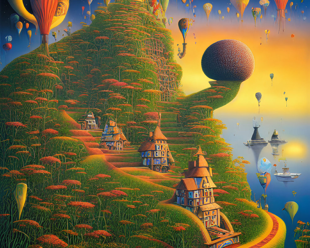 Colorful landscape with hot air balloons, ships, and quirky houses under sunset sky