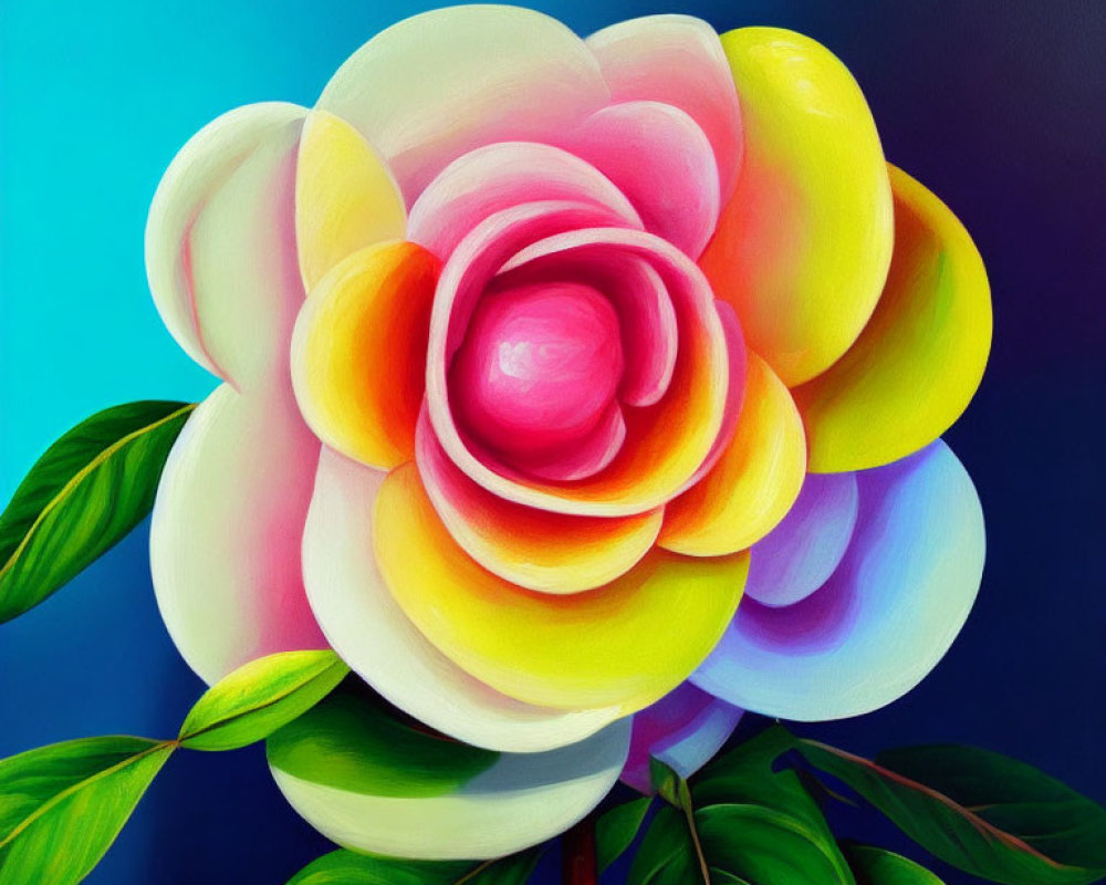 Colorful Flower Painting with Pink and Yellow Petals on Blue Background
