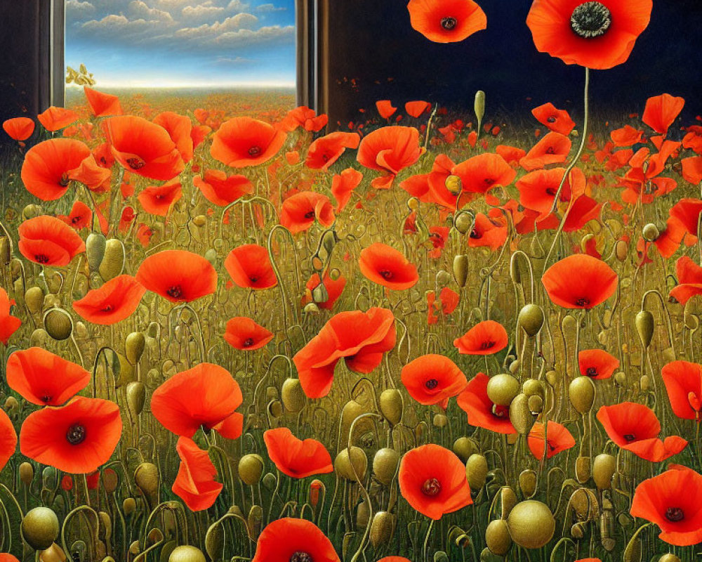 Lush Red Poppies Field Under Blue Sky