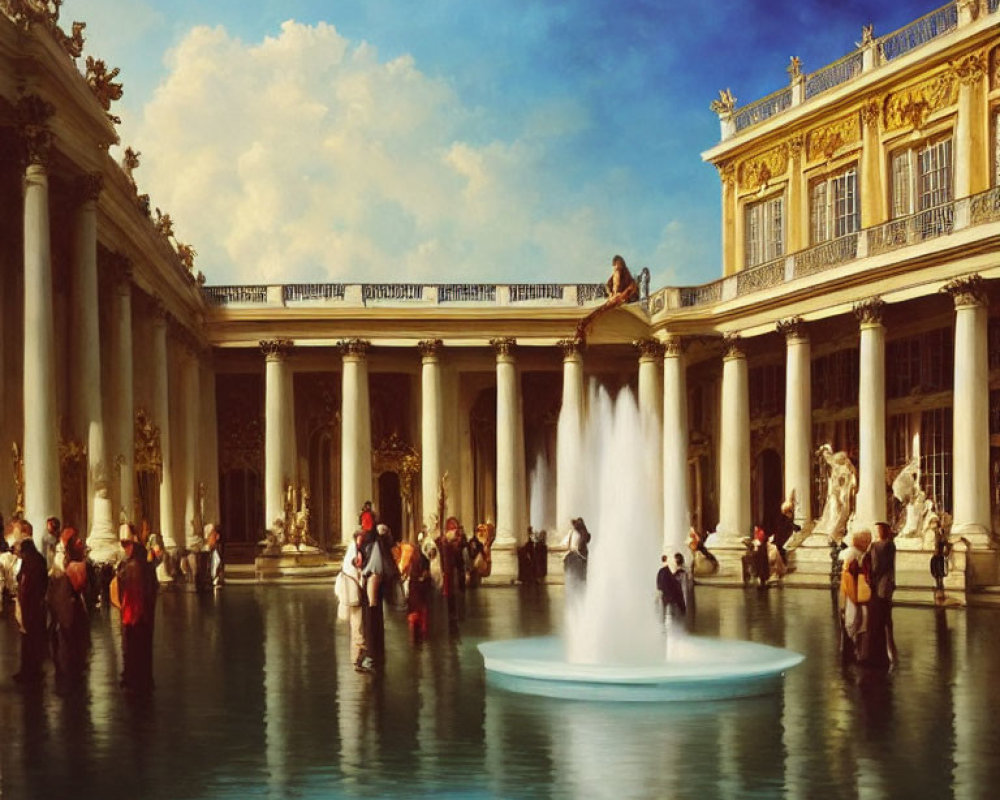 18th-Century Scene: Elegant Figures by Fountain and Palace