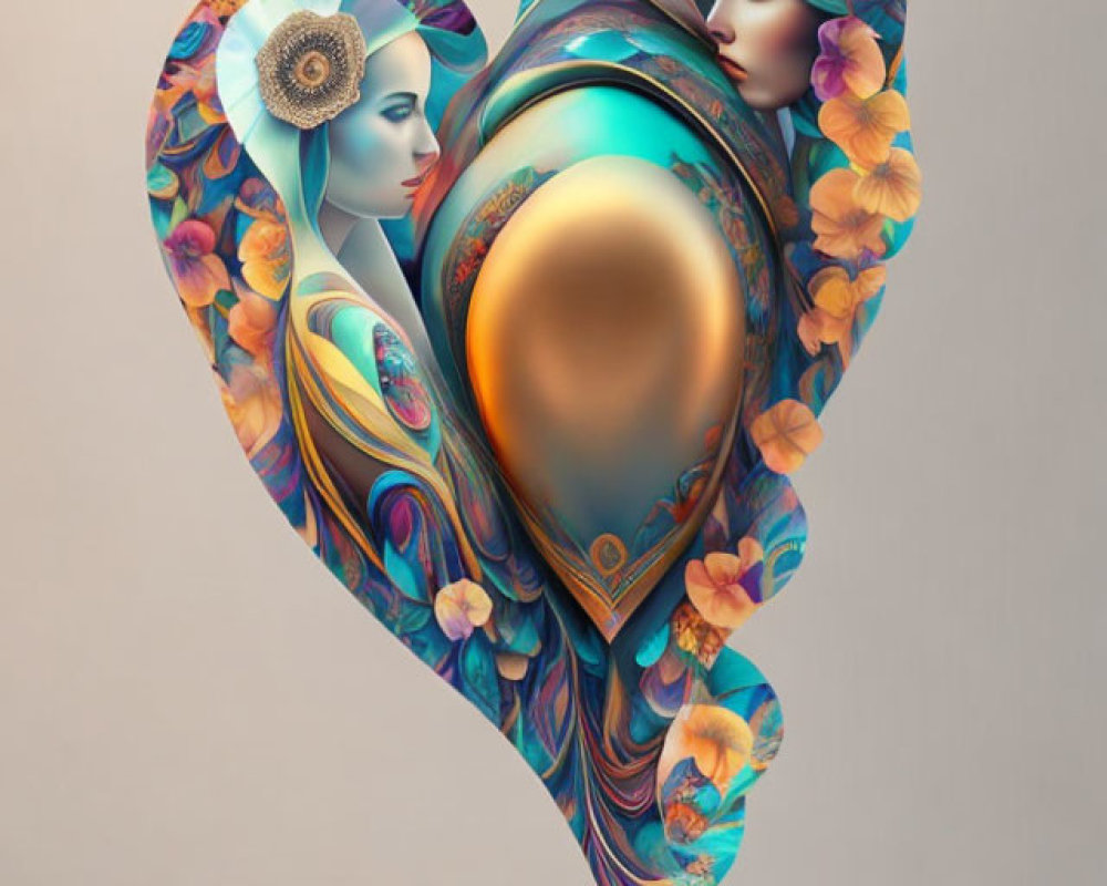 Person Contemplating Surreal Heart-Shaped Artwork with Feminine Faces