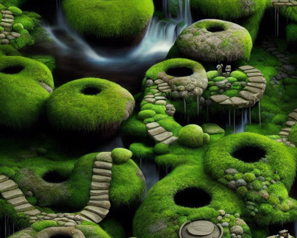 Digital artwork: Mossy landscape with green hills, stone paths, and waterfalls