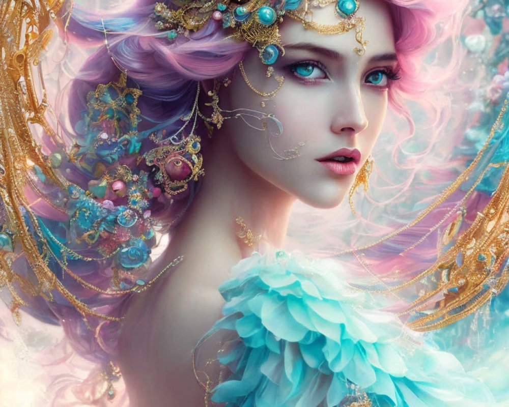 Fantastical portrait of woman with pastel hair and golden jewelry