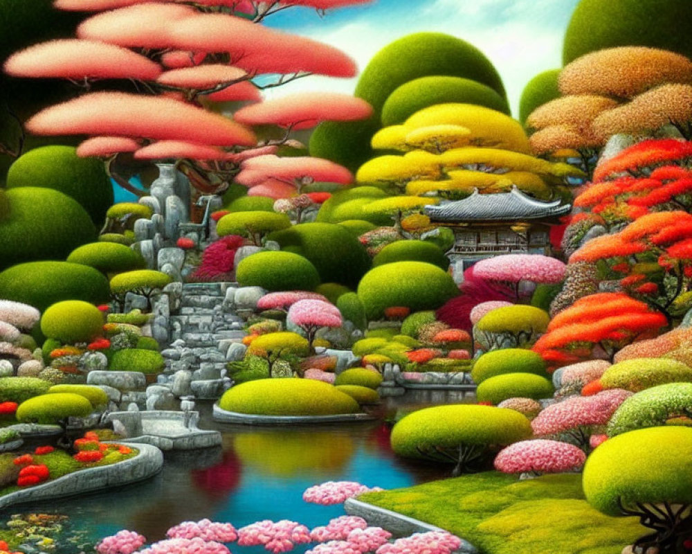 Colorful Fantasy Landscape with Stylized Trees and Asian Architecture