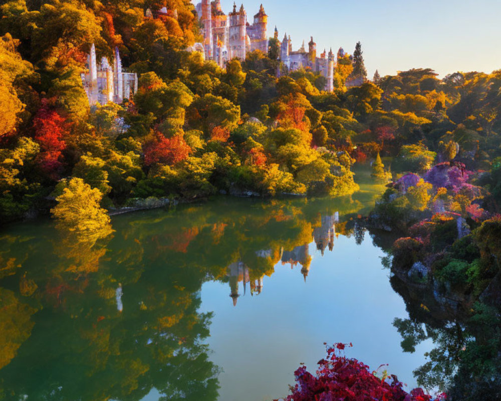 Ornate palace surrounded by autumn trees and tranquil lake