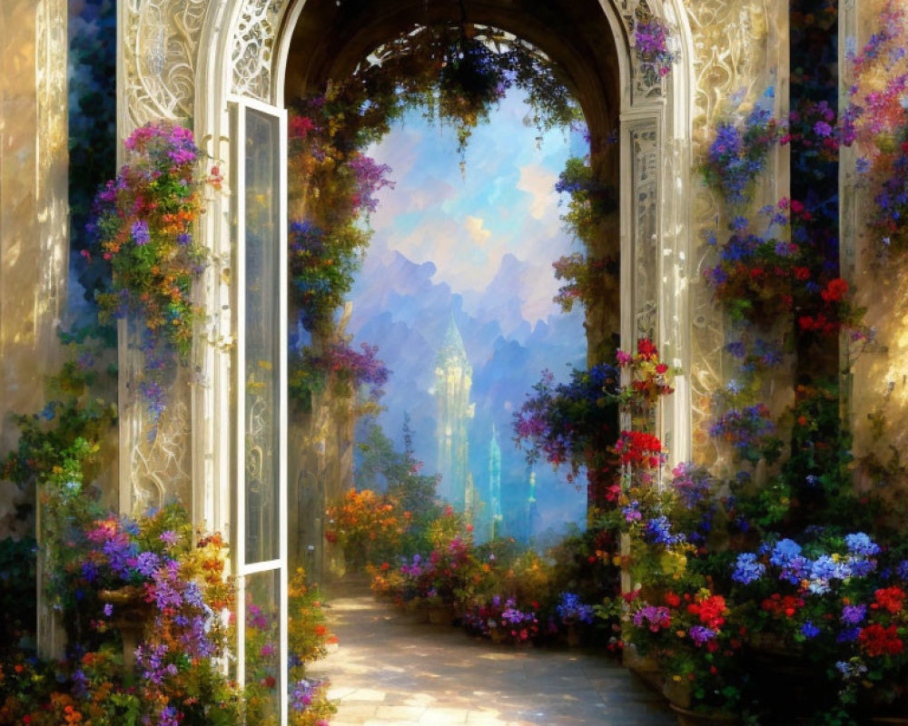 White door opens to garden path with colorful flowers and distant mountains under luminous sky