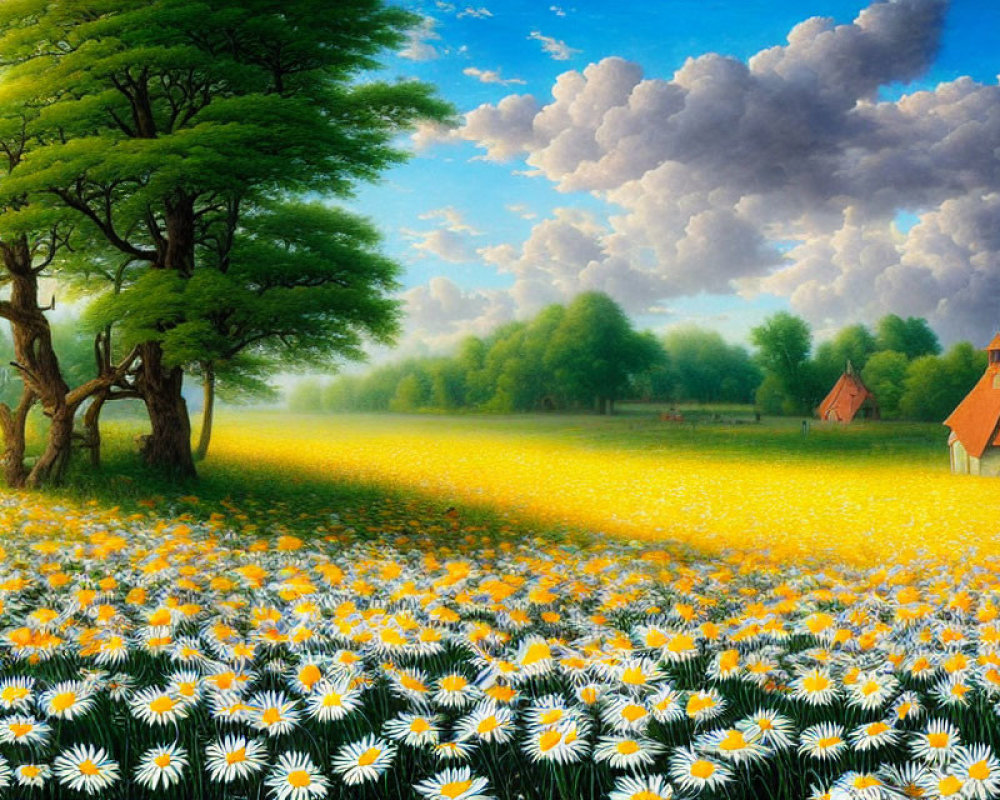 Scenic landscape with daisies, tree, cottages, and clear sky
