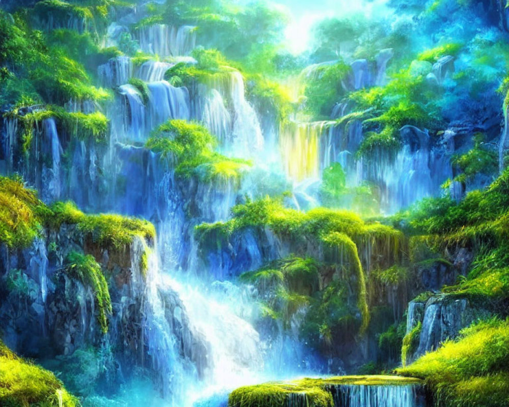 Lush Waterfall Oasis Painting with Bright Green Foliage