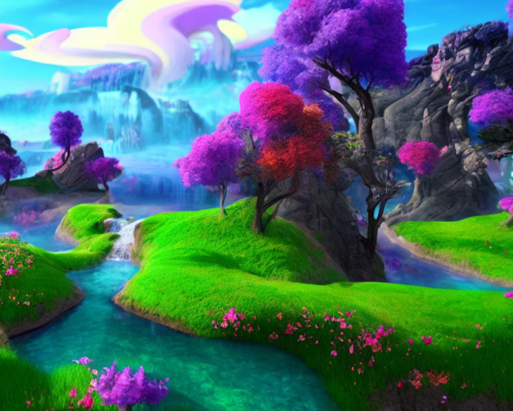 Colorful fantasy landscape with lush greenery and floating islands