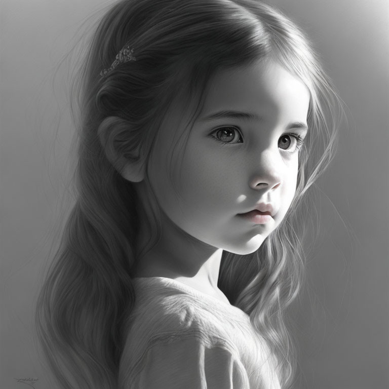 Serene monochrome portrait of young girl with long hair