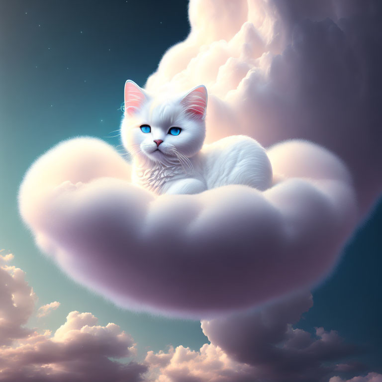 White Cat with Blue Eyes Resting on Cloud in Pastel Sky