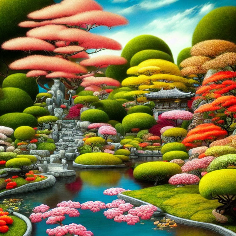 Colorful Fantasy Landscape with Stylized Trees and Asian Architecture