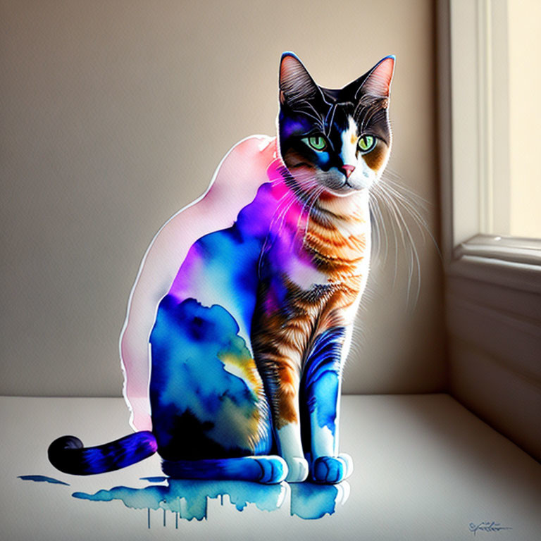 Vivid Watercolor-style Cat Illustration on Minimal Background