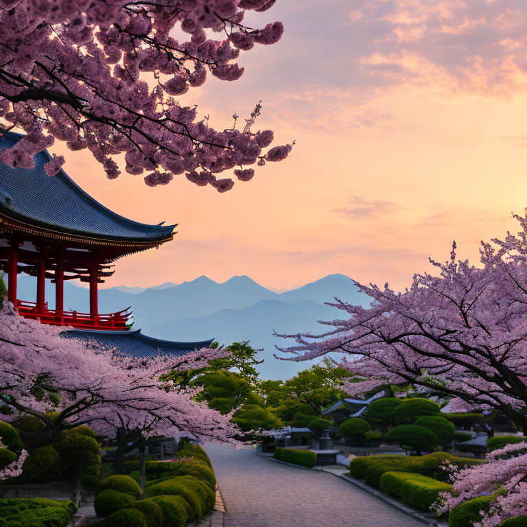 Serene cherry blossom scene with traditional pagoda and mountains at dusk
