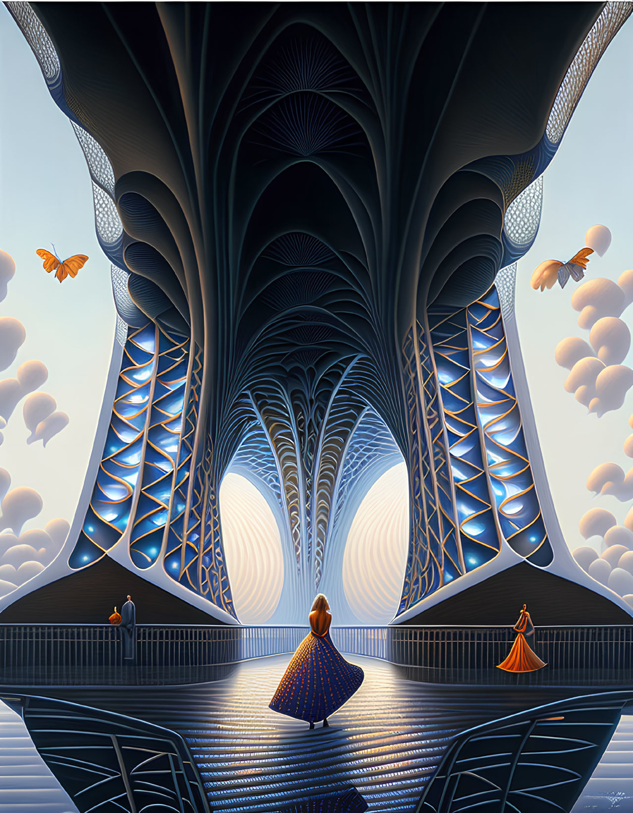 Futuristic illustration of person, figures, and golden birds in grand symmetrical architecture