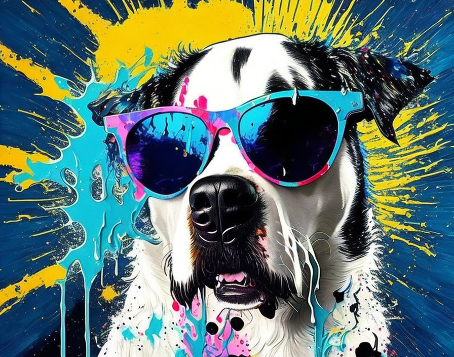 Colorful Dog with Sunglasses on Yellow and Blue Paint Splatter Background