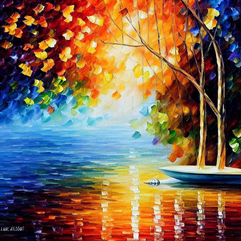 Colorful Autumn Trees Painting by Tranquil Lake with Boat