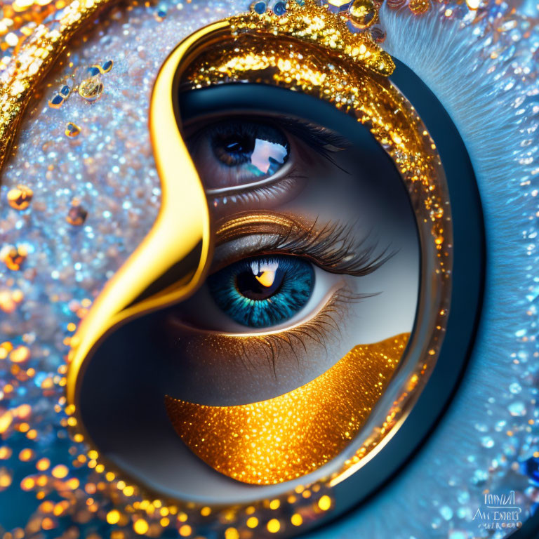 Detailed Blue Eye with Golden Glitter Makeup and Teardrop Close-Up
