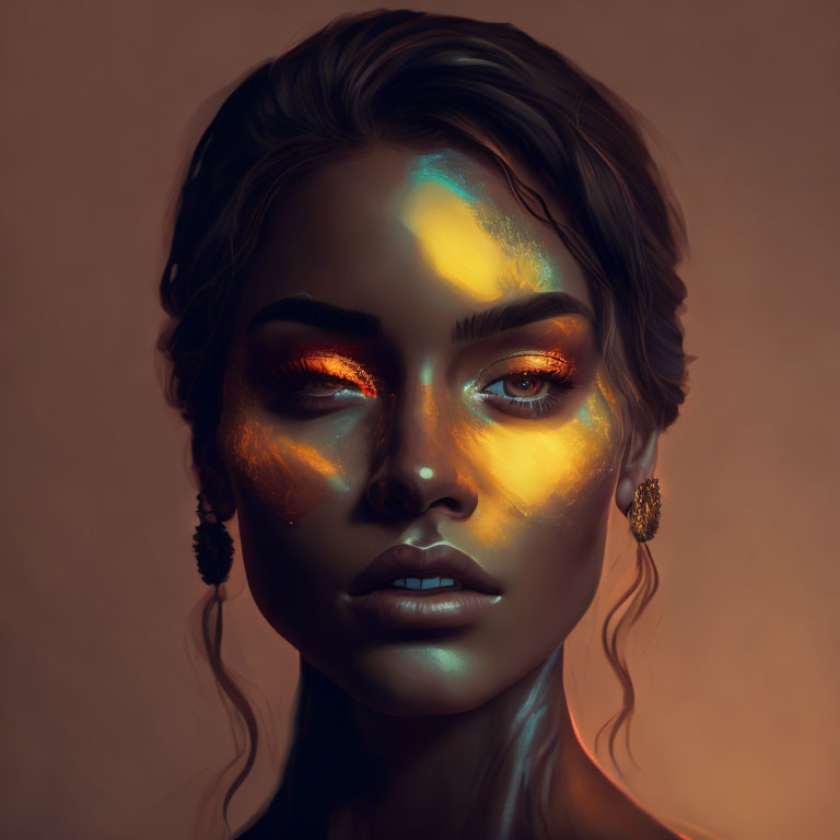 Vibrant portrait featuring colorful makeup and statement earrings.