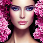 Woman's Face with Vibrant Pink Flowers and Striking Blue Eyes