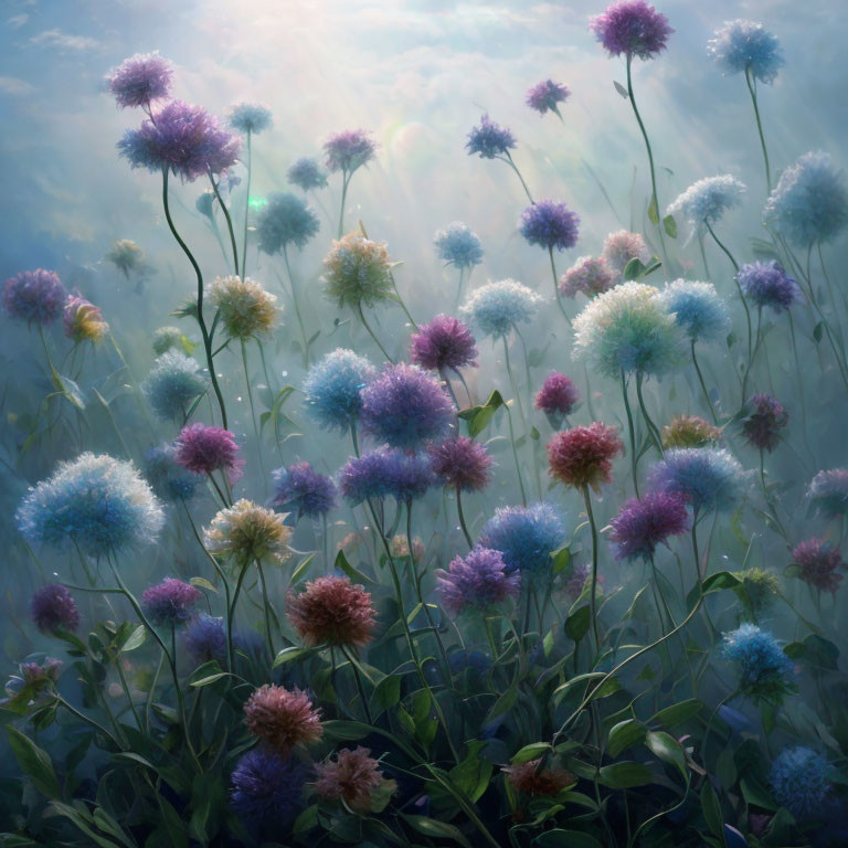 Colorful fluffy flowers in serene field under soft sunlight