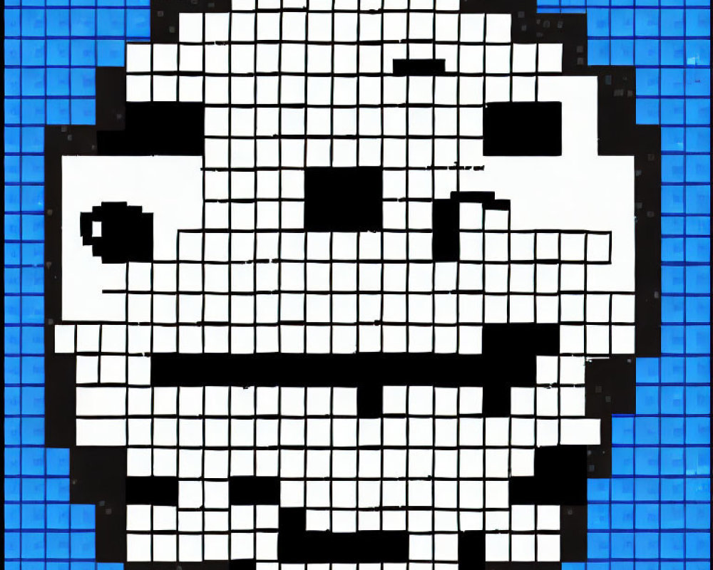 Monochrome Smiling Character Pixel Art on Blue Grid Background