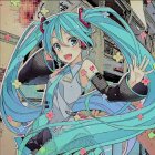 Turquoise Twintailed Animated Character in Futuristic Outfit Smiling on Sparkly Background