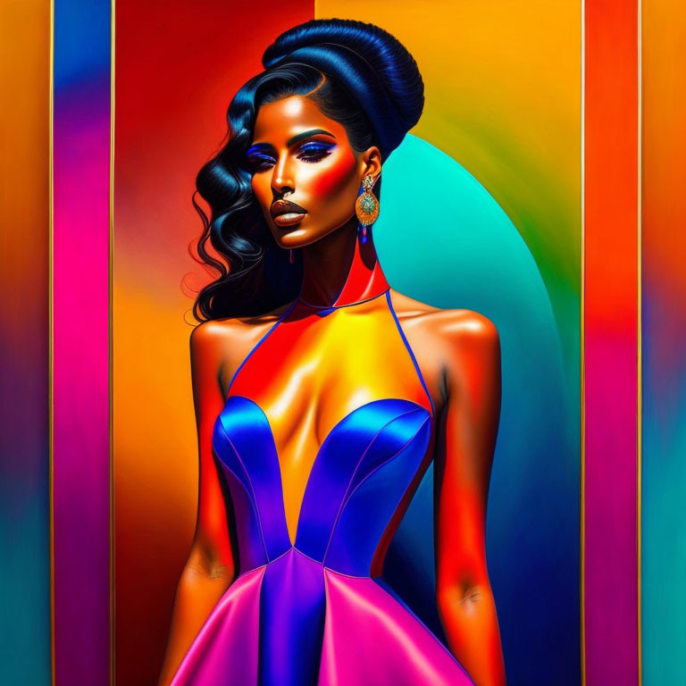 Colorful digital artwork of woman with bold makeup and vibrant dress on abstract background