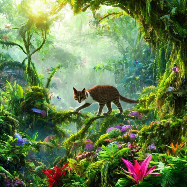 Cat on moss-covered branch in vibrant forest with sunbeams, flowers, butterflies