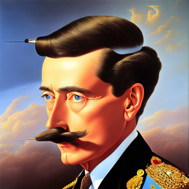Detailed Hyperrealistic Illustration of Man in Military Uniform with Mustache and Airplane Background