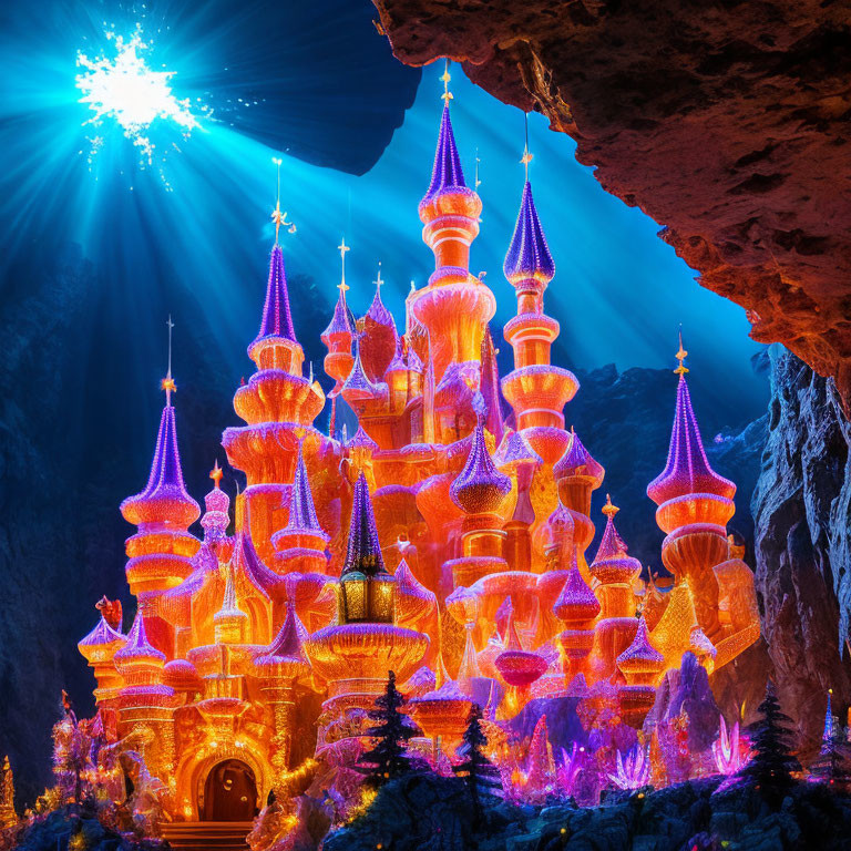 Enchanting castle with orange and purple lights in dark cave