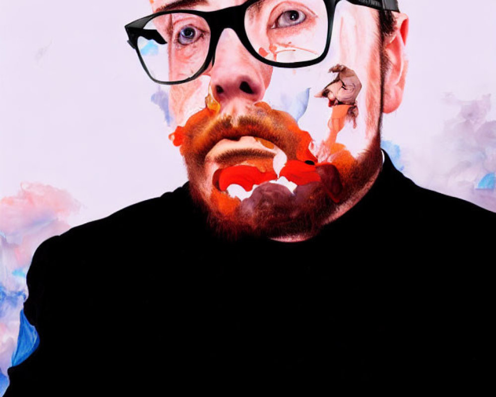Man in Black with Colorful Paint on Face and Glasses Shows Surprised Expression