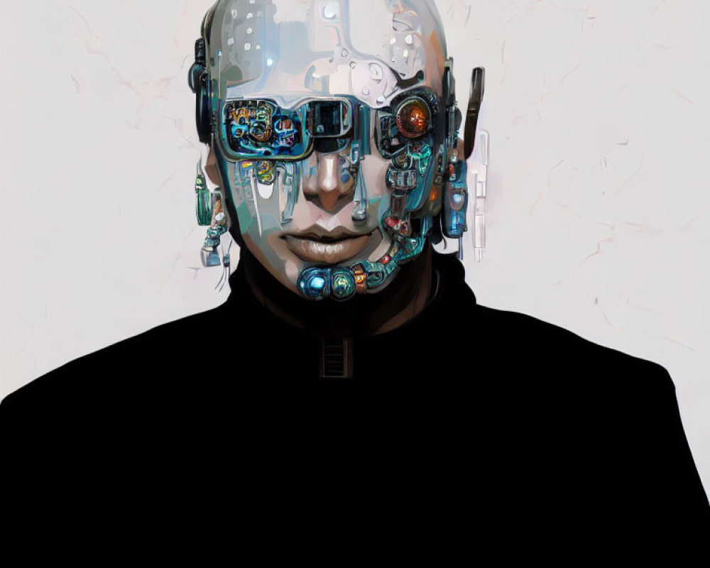 Detailed Cybernetic Humanoid Robot Portrait in Black Attire