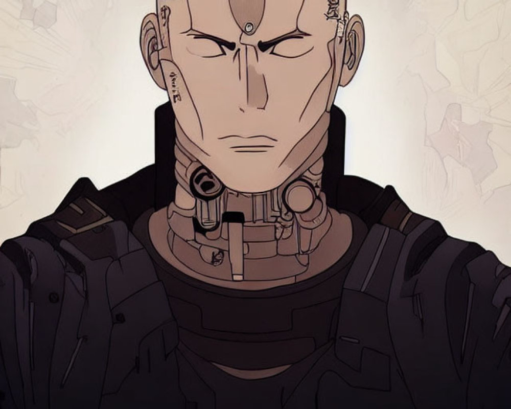 Illustration of bald character with cybernetic eye and mechanical parts, in black outfit