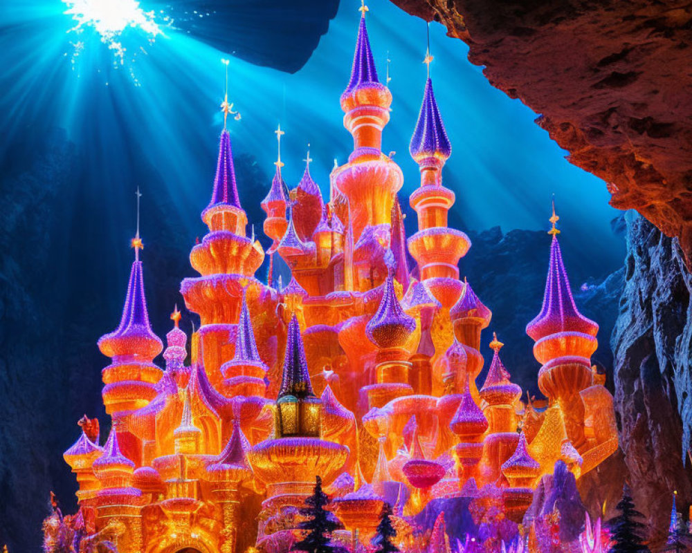Enchanting castle with orange and purple lights in dark cave