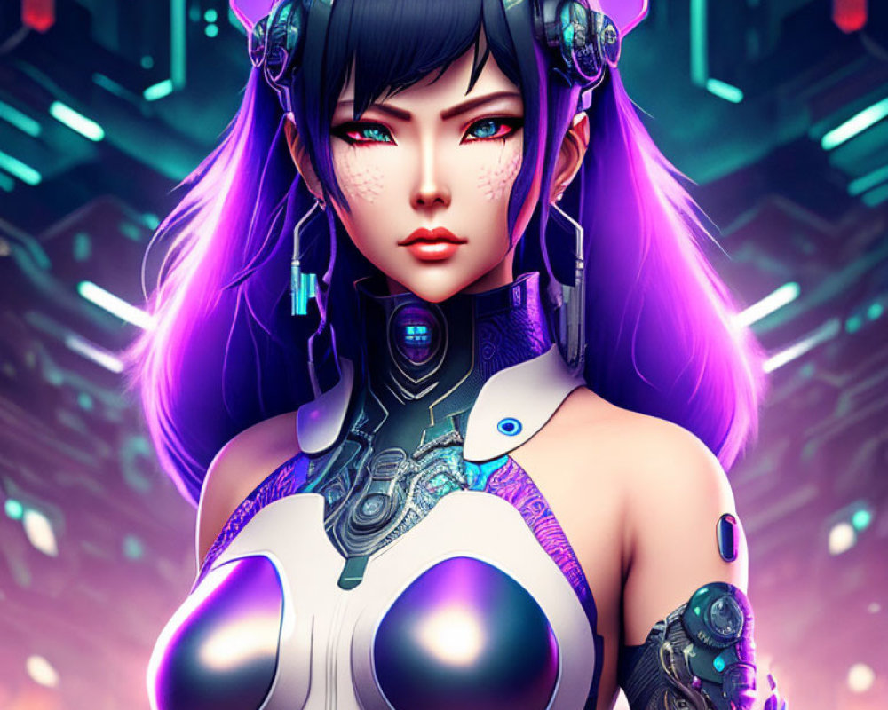 Purple-haired female character with glowing eyes and cybernetic enhancements in neon-lit sci-fi setting