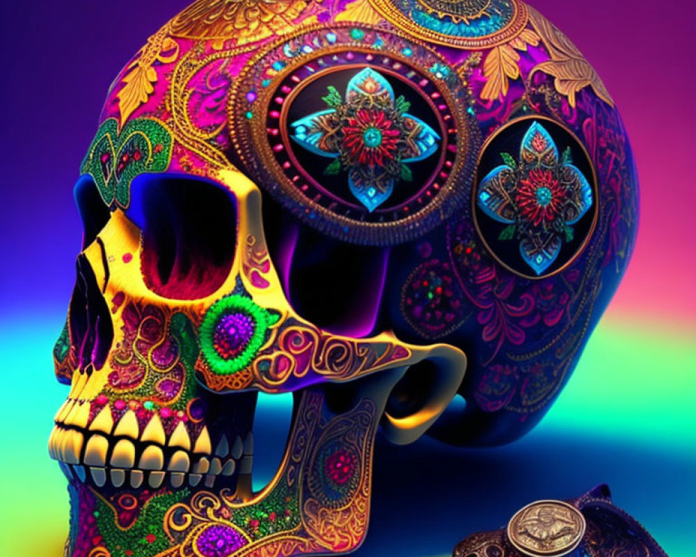Colorful Mandala Skull Art on Gradient Background