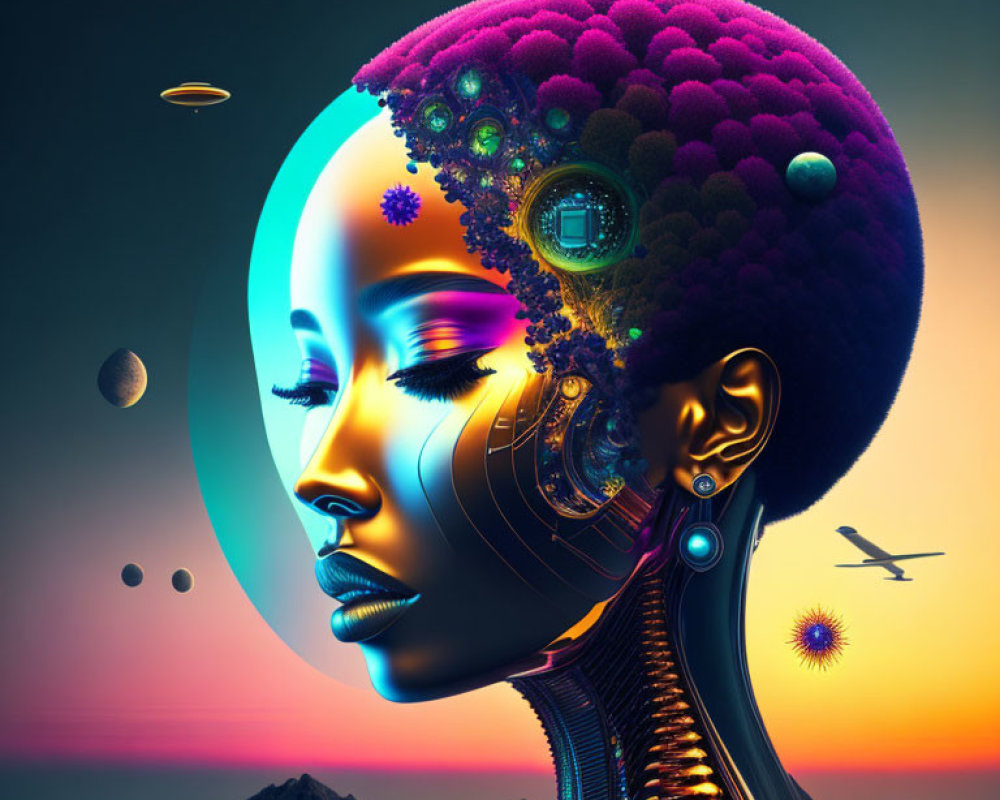 Surreal portrait of woman with organic and mechanical fusion in space-themed setting