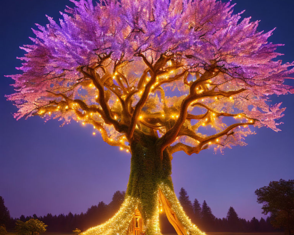 Majestic tree with fairy lights and purple lighting against dusky sky, showcasing small door and slide