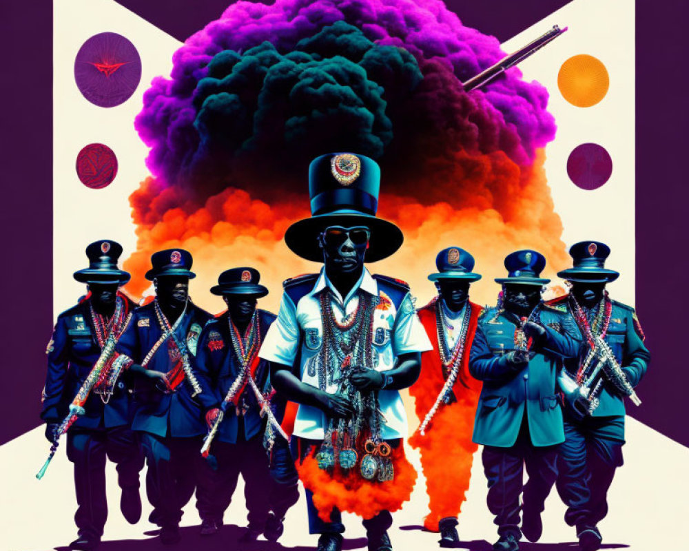 Colorful Stylized Marching Band Illustration with Smoke Plume