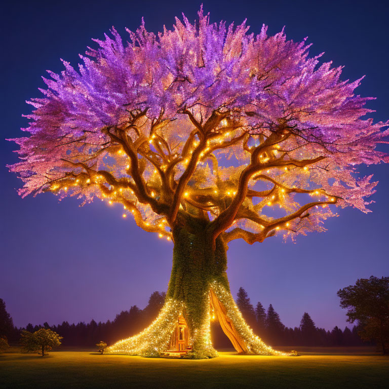 Majestic tree with fairy lights and purple lighting against dusky sky, showcasing small door and slide